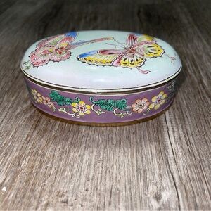 SOLD Vintage Butterflies Cloisonné Candy Dish Oval Trinket Box with Lid Fauna